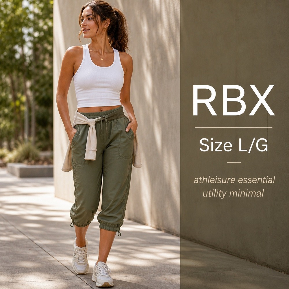 RBX Capri Pants Womens Large Olive Green Ruched Drawstring Hiking Activewear